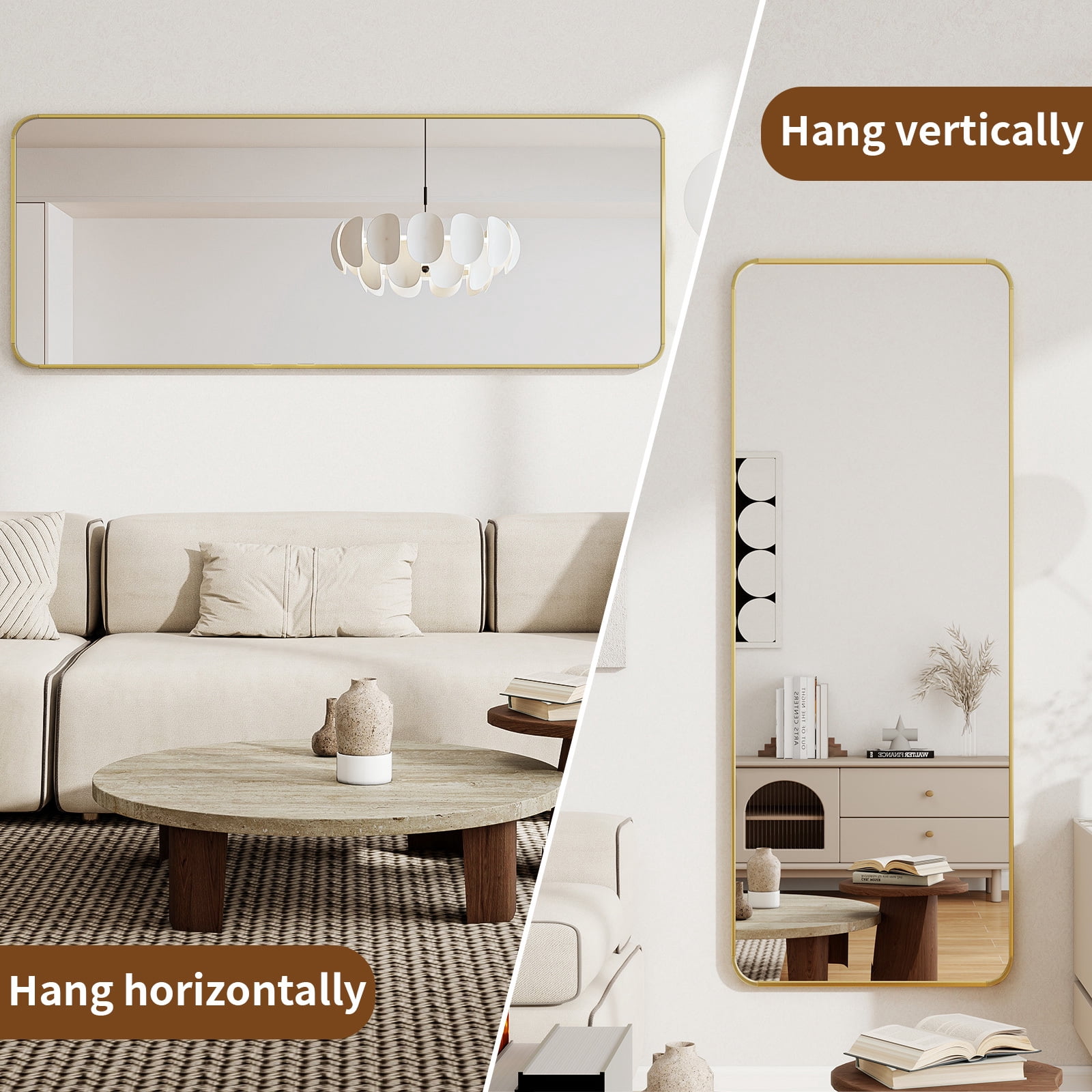 Easy4Home 16"x59" Rectangular Full Length Mirror with Round Corner Standing Full Body Mirror, Gold