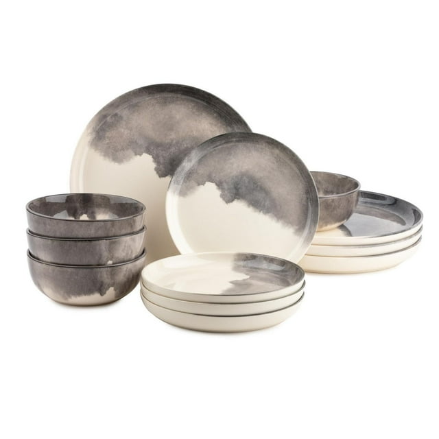 Thyme & Table 12-piece dinnerware set featuring plates and bowls with a light gray drip pattern on cream background.