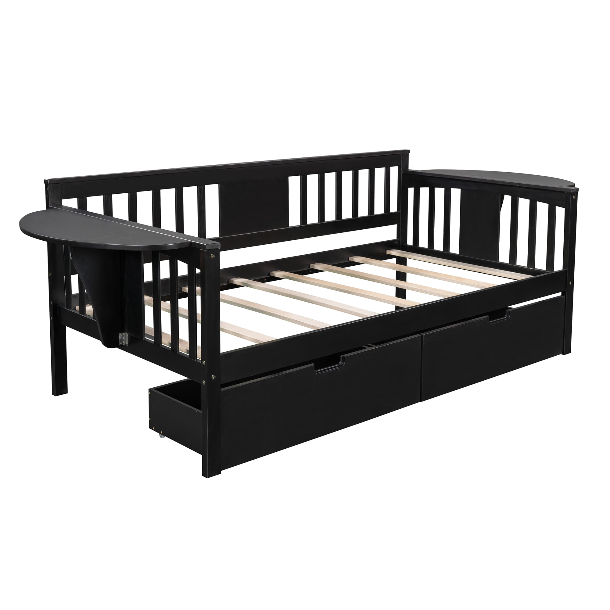 Twin Size Daybed With 2 Drawers - Wood Sofa Bed Frame For Bedroom Or Living Room, Espresso Finish, No Box Spring Needed