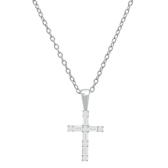 Dazzlingrock Collection Round & Baguette White Diamond Religious Cross Pendant for Women with 18 Inch Silver Chain (0.25 ctw, Color I-J, Clarity I2-I3) in 10K White Gold