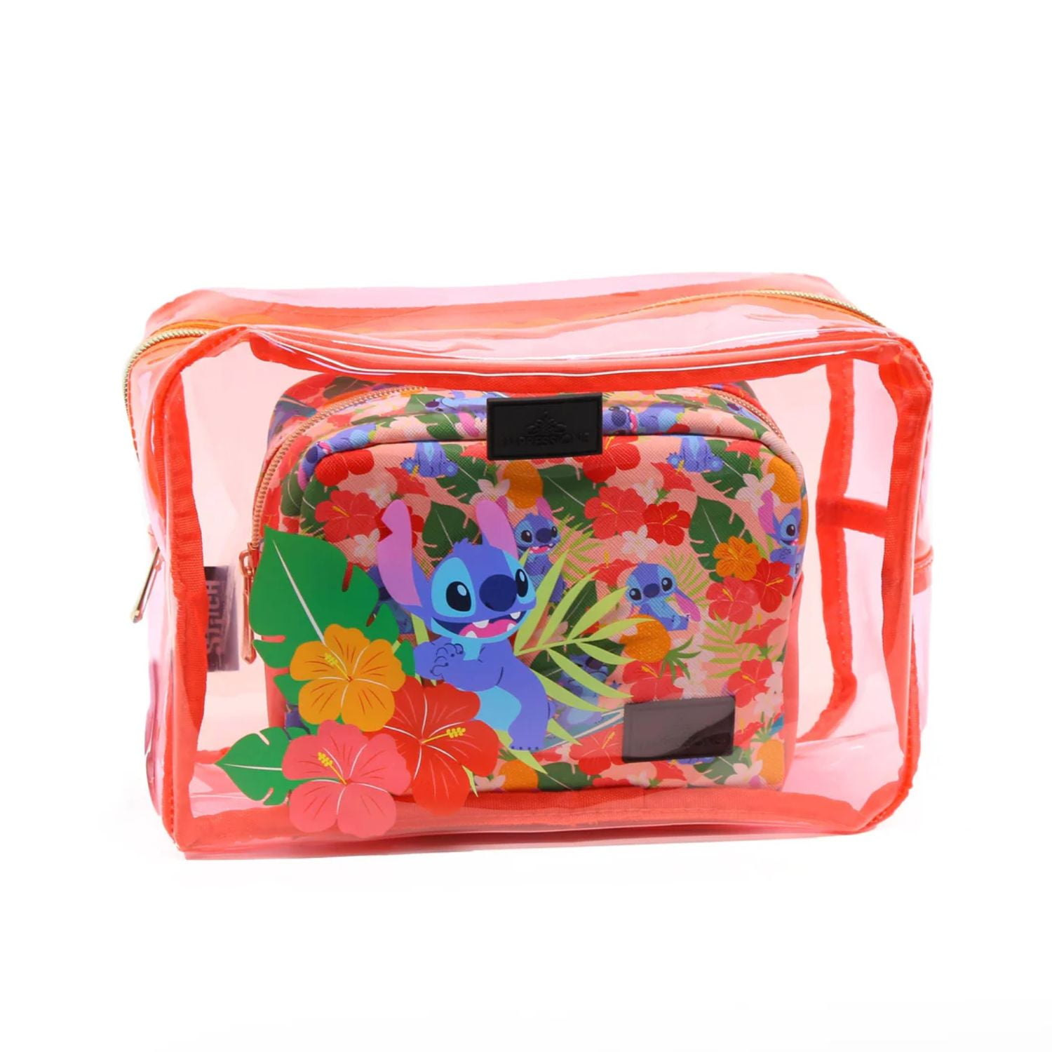 Impressions Vanity Disney Stitch Nested Makeup Clutch Set with Faux Leather Cosmetic Bag, Coral