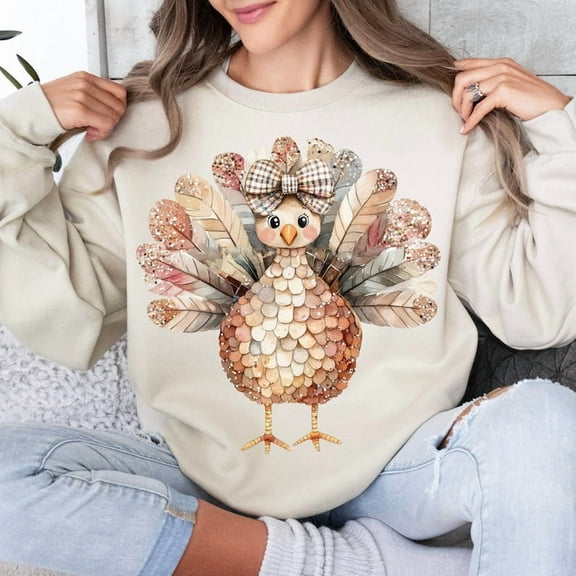 Colorful Coquette Turkey Sweatshirt Thanksgiving Turkey Sweatshirt Glitter Turkey Bow Sweatshirt Thanksgiving Fall Coquette Sweatshirt