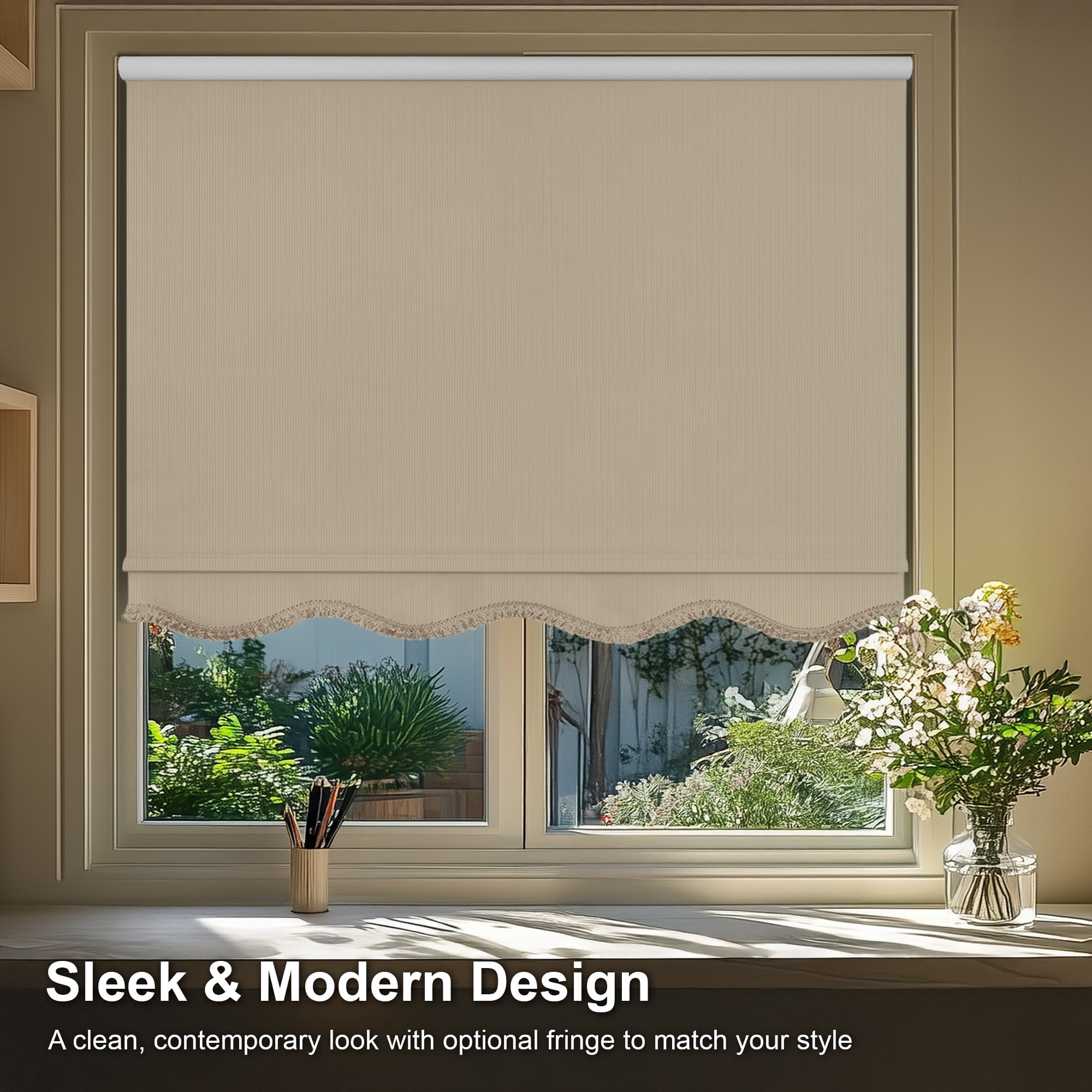 Chicology Textured Blackout Roller Shades with Fringe | Cordless Light Filtering Window Blinds |66.75"W X 64"H | Decorative Privacy Shades for Home & Office | Easy Install | Sand