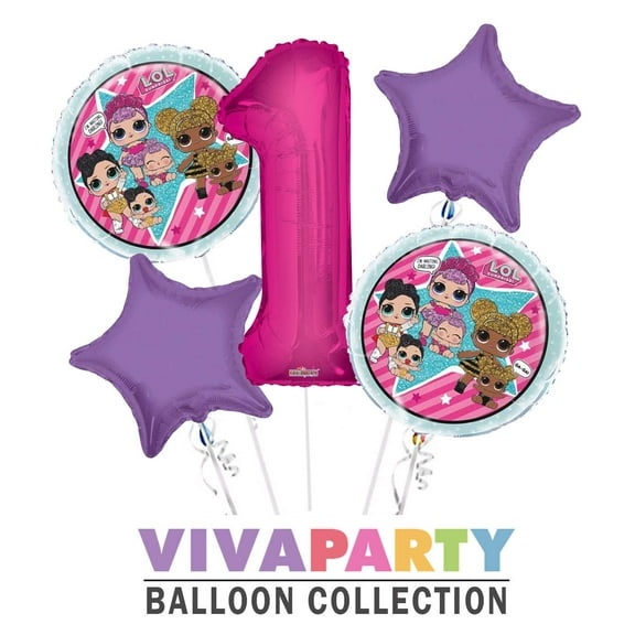 LOL Round Balloon Bouquet 5 pc, 1st Birthday, Hot Pink Number 1 Jumbo Balloon | Viva Party Balloon Collection