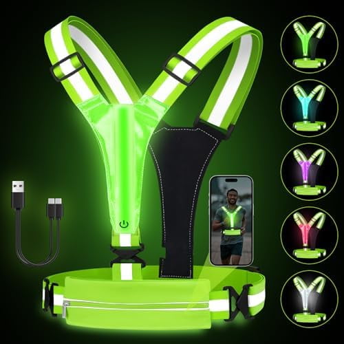 LED Reflective Running Vest with Phone Holder, 5 Colors Light Up Running Vest Rechargeable Running Lights for Runners High Visibility Reflective Running Gear, Adjustable for Men and Women Green Green