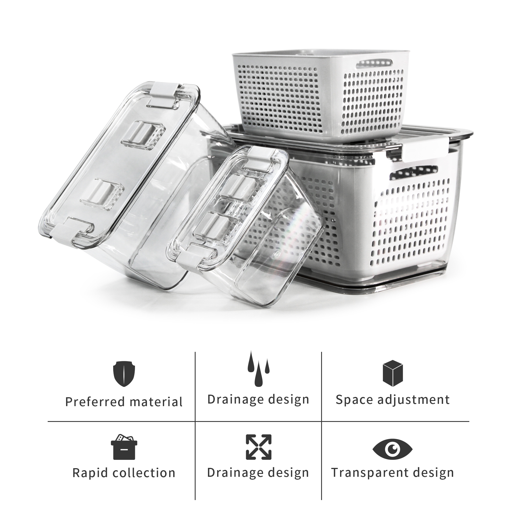 Fresh Container with Vents,3 Pack - Produce Saver Container Vegetable Fruit Partitioned Storage Container Stay Fresh Organizer for Refrigerator, Gray