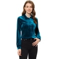 thumbnail image 1 of Blusa de manga larga con bolsillo delantero y cuello de punta para mujer, camisa de terciopelo de trabajo con botones Azul real L, 1 of 5