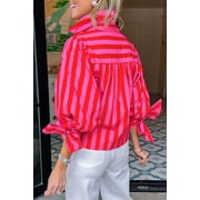 Stylish Striped Women's Shift Blouse – Button Down Shirt with Knot Detail, Versatile Summer Top for Professionals, M