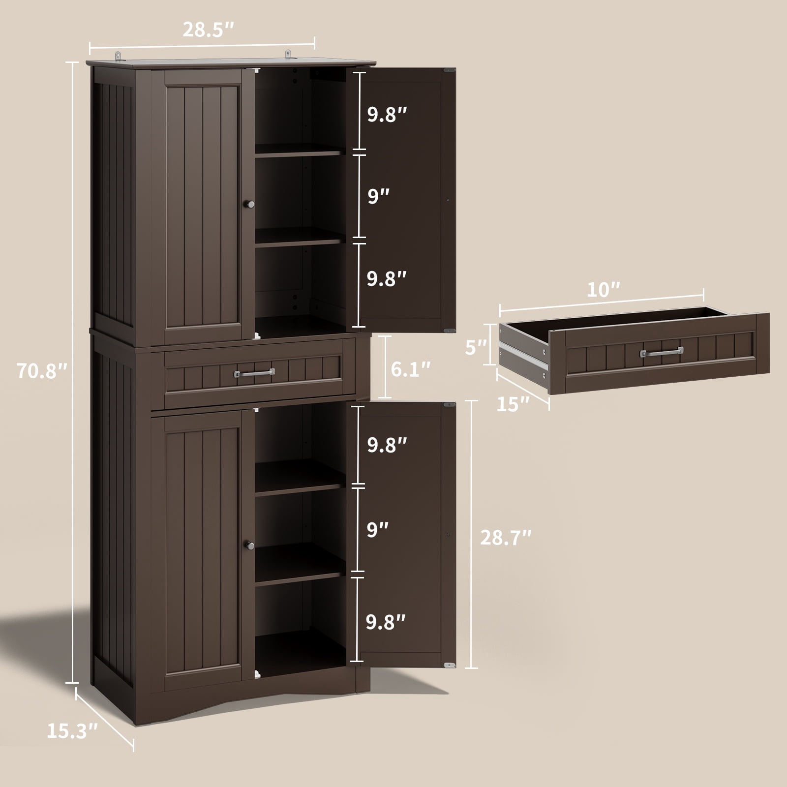 Asofer 71 Inch Tall Kitchen Pantry Cabinet with 4 Doors, Adjustable Shelves & 15" Deep Drawer, Dark Brown