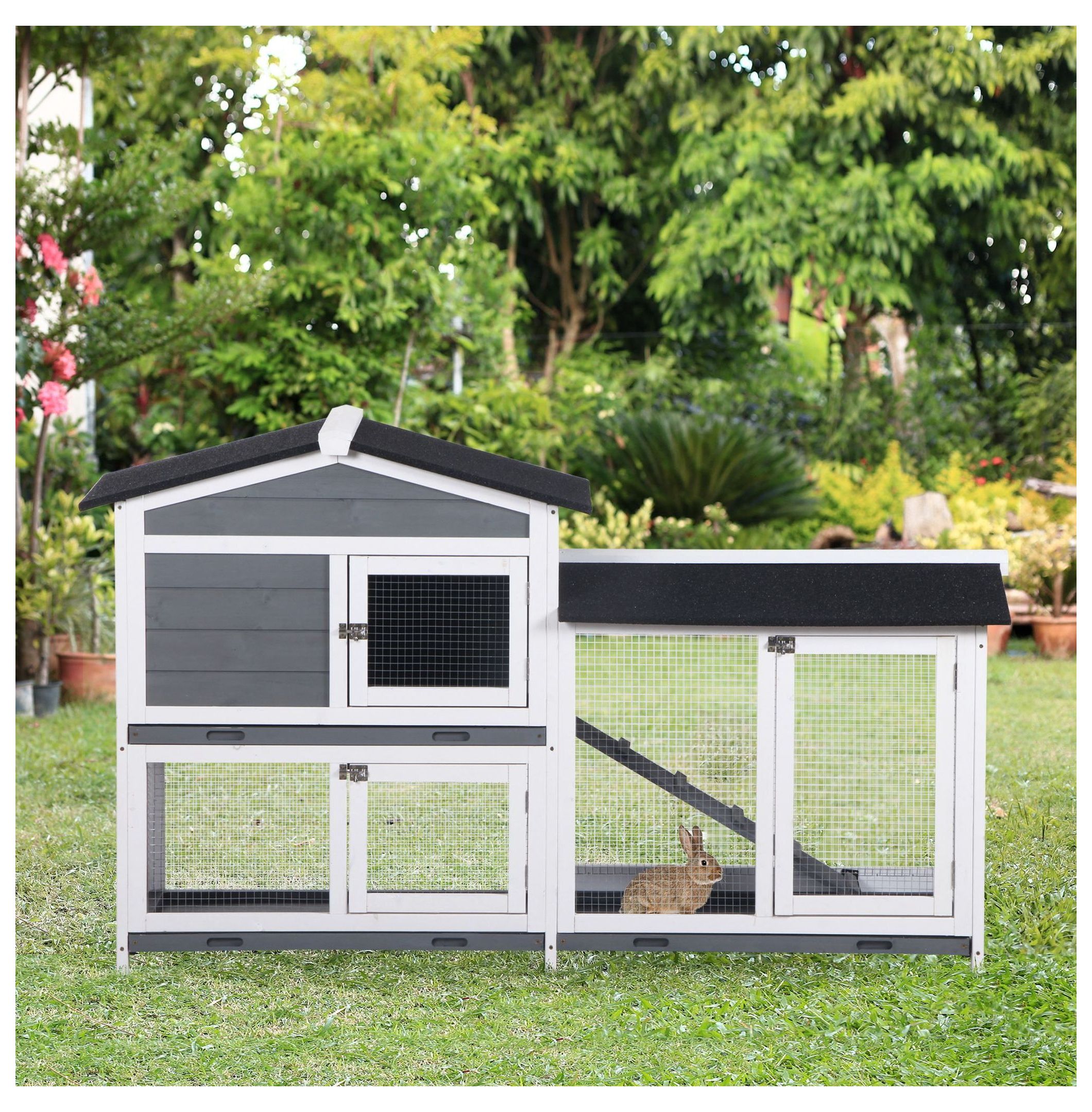 Rabbit Hutch 2-Story Wooden Bunny Cage with Ramp & Weatherproof Roof - Outdoor Small Animal House for 2-4 Rabbits - Gray