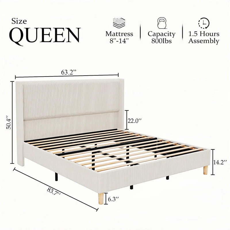 Towallmark Queen Bed Frame, Corduroy Upholstered Wingback Headboard, No Box Spring Needed Solid Wooden Slats Noise Free, Beige Platform Bed