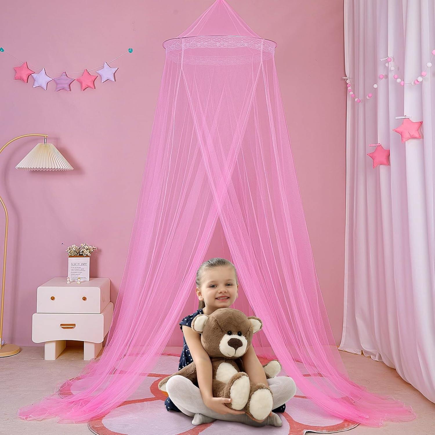 CAILDANL Bed Canopy for Girls Room Bed Canopy Curtains with Led Lights Mosquito Net DIY Princess Room Décor with Stars Butterflies for Kids Bedroom, Hot Pink