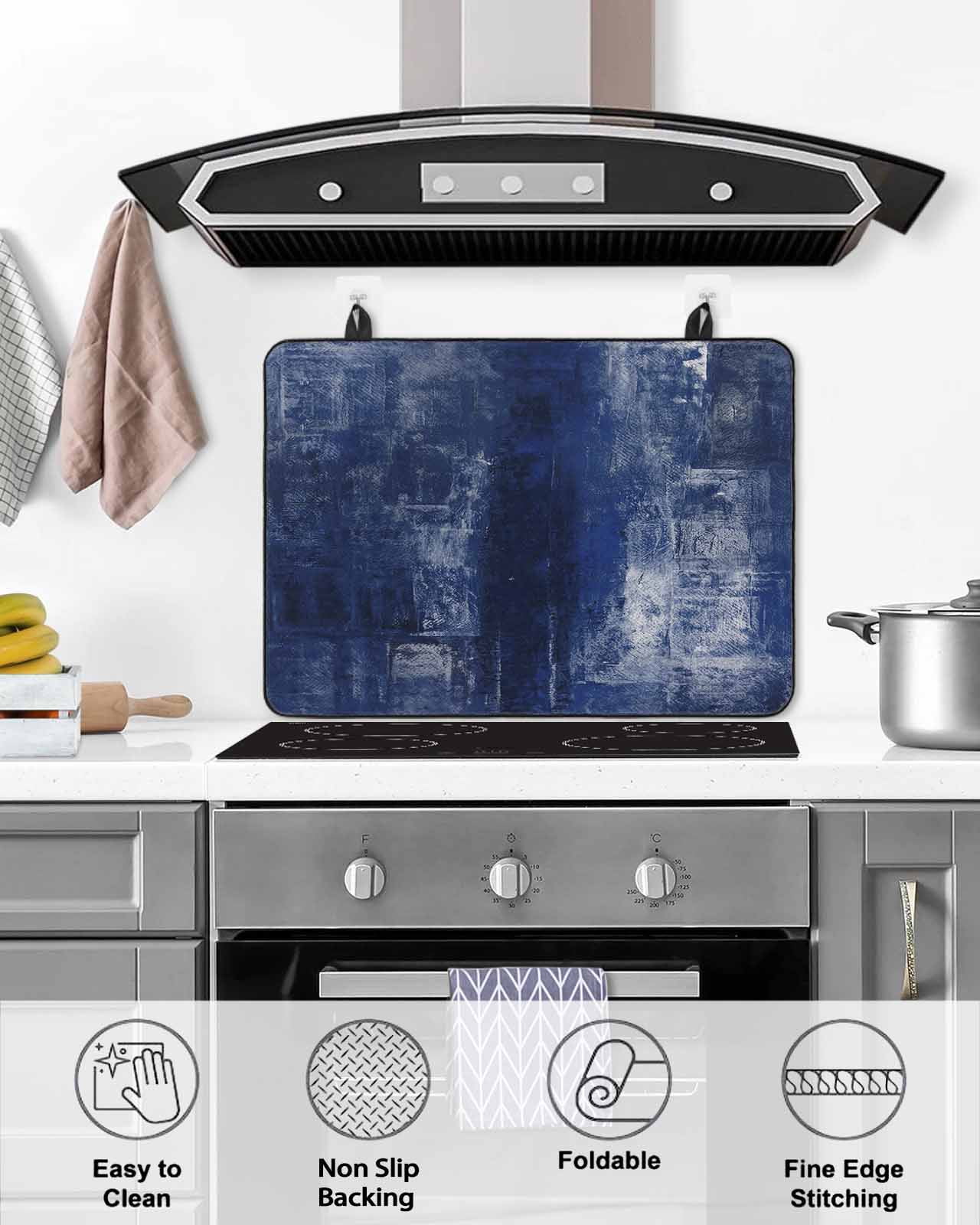 nqOlkjepod Large Induction Cooktop Protector Mat 36"x21", Navy Blue Stove Top Covers for Electric Stove, Retro Oil Painting Modern Abstract Art Aesthetics Stove Burner Cover Mats Stove Cover