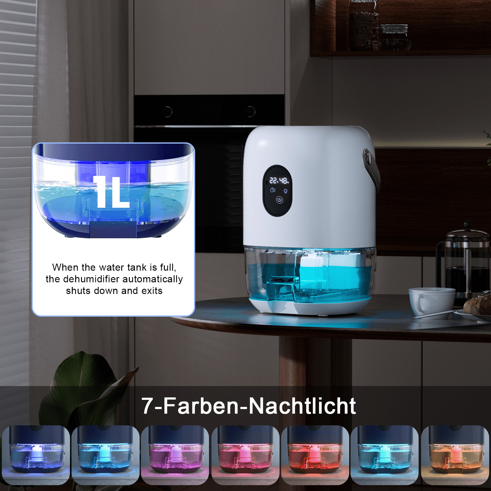 Flictozena Desktop dehumidifier with 35oz water tank, portable leather handle, 7-color ambient light, Elegant White