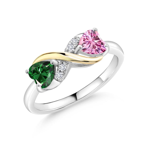 Gem Stone King 925 Silver and 10K Yellow Gold Ring Nano Emerald and Pink Moissanite (1.04 Cttw)
