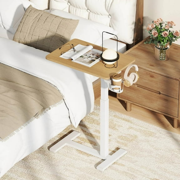 Harmijoy C Shaped Side Table Height Adjustable Overbed Bedside Table w/Hook & Cup Holder