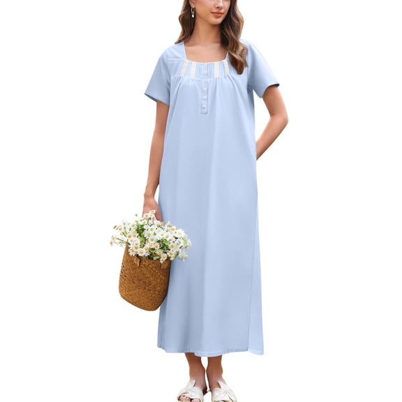 Ekouaer Cotton Nightgowns for Women Moo Moo Dress for Women Short Sleeve Sleepshirt Ladies House Dress with Pockets