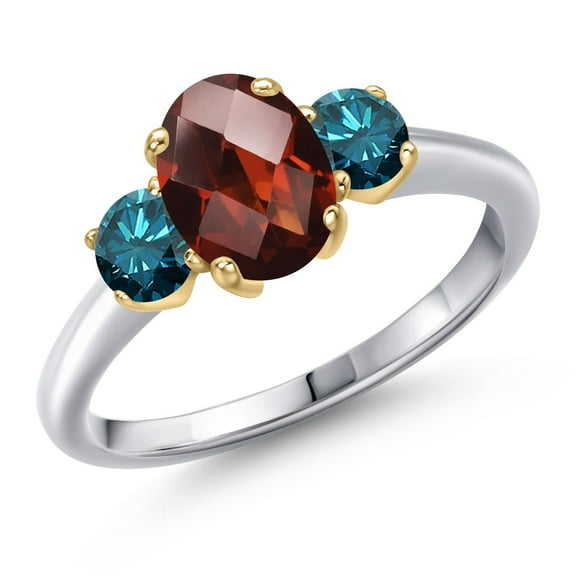 Gem Stone King 925 Silver and 10K Yellow Gold Red Garnet and Blue Diamond Engagement Ring for Women | 2.07 Cttw | Oval Checkerboard 8X6MM | Gemstone January Birthstone | Size 7