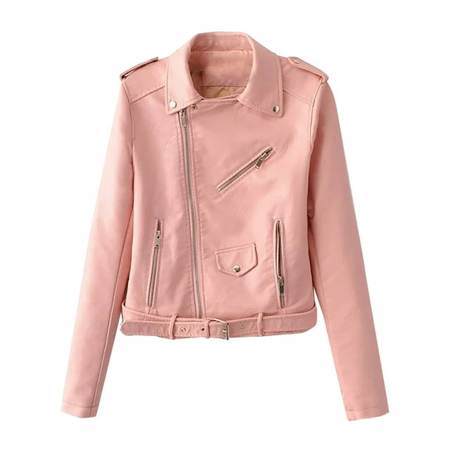 WRKEKC Veste Courte Ajustée en Faux Cuir pour Femmes Style Motard Manches Longues Fermeture Éclair Moderne Chic Rose G