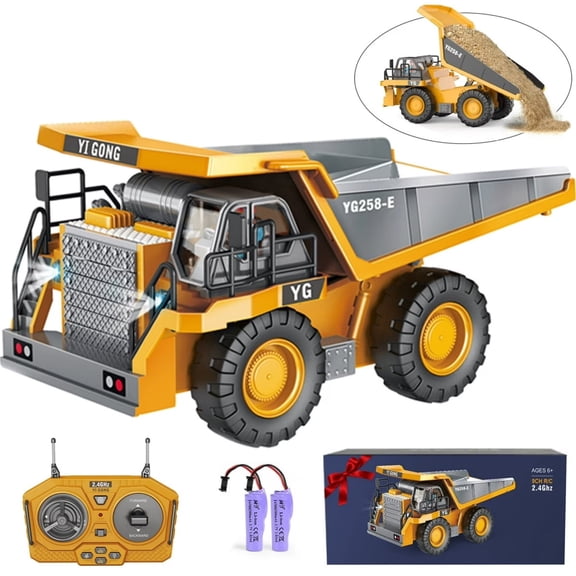 RC Dump Truck Toy for Boys, Remote Control Construction Truck with Metal Dump Bed, 2.4GHz Rechargeable Vehicle with Lights, Sounds & Realistic Functions, Kids Engineering Toy Gift Ages 3