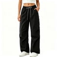 thumbnail image 5 of CLOISE Cargo Pants for Women with Pockets Drawstring Waterproof Mid Waist Straight Leg Long Pants Elastic Waist Solid Baggy Vacation Outfits Black L, 5 of 5