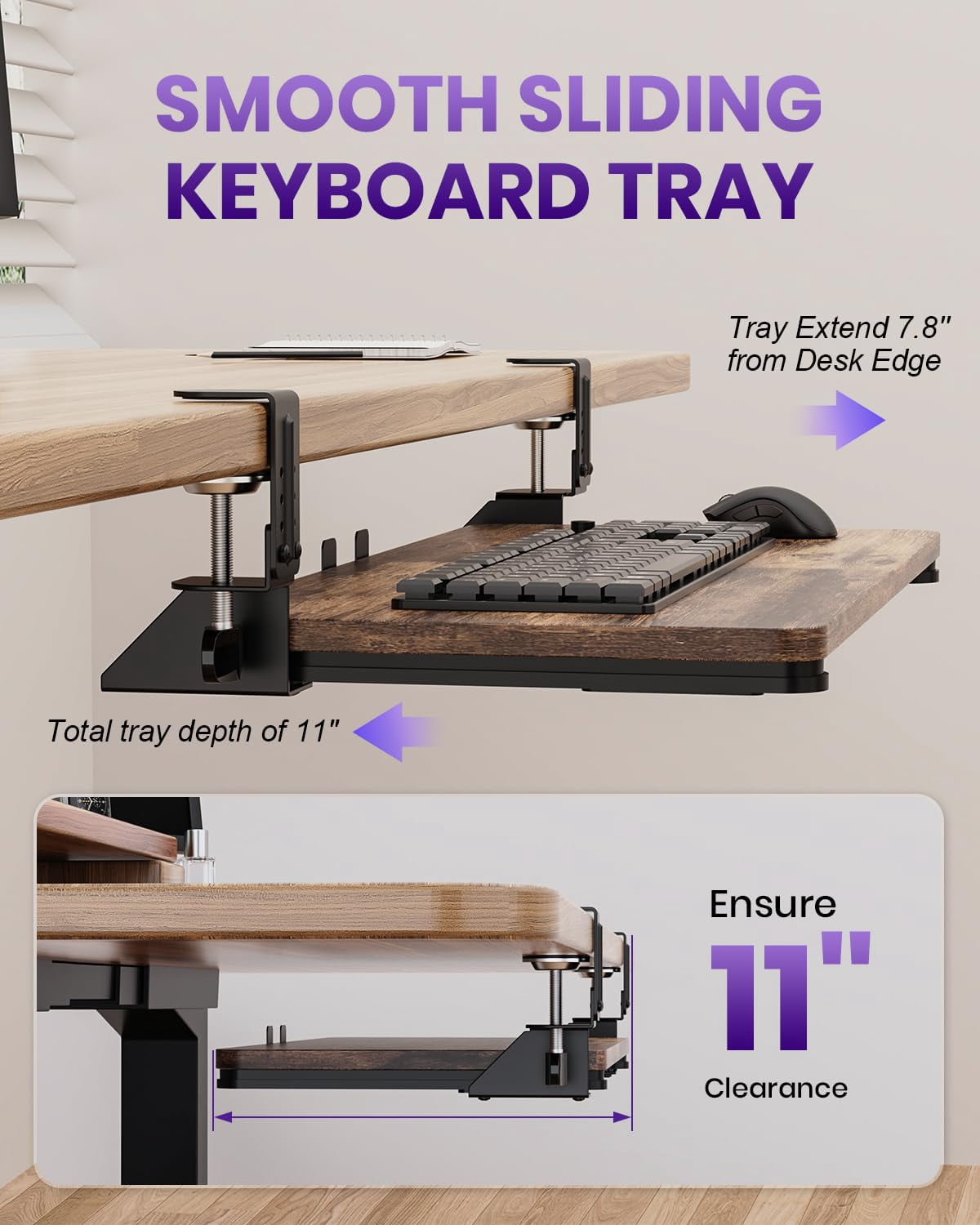 Mouse & Tray Under Desk  Pull Out With Adjustable C-clamp 20 (25.9 Including Clamps) X 11.8 Inch Slide Computer Drawer For Typing Rustic Brown