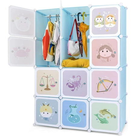 Children Wardrobe, Kid Closet Portable Baby Dresser Cute for Kids Bedroom Nursery Armoire with Doors 12 Cube 2 Hanging Sections, Kid Clothes Storage Organizer (White, 12 Cubes)