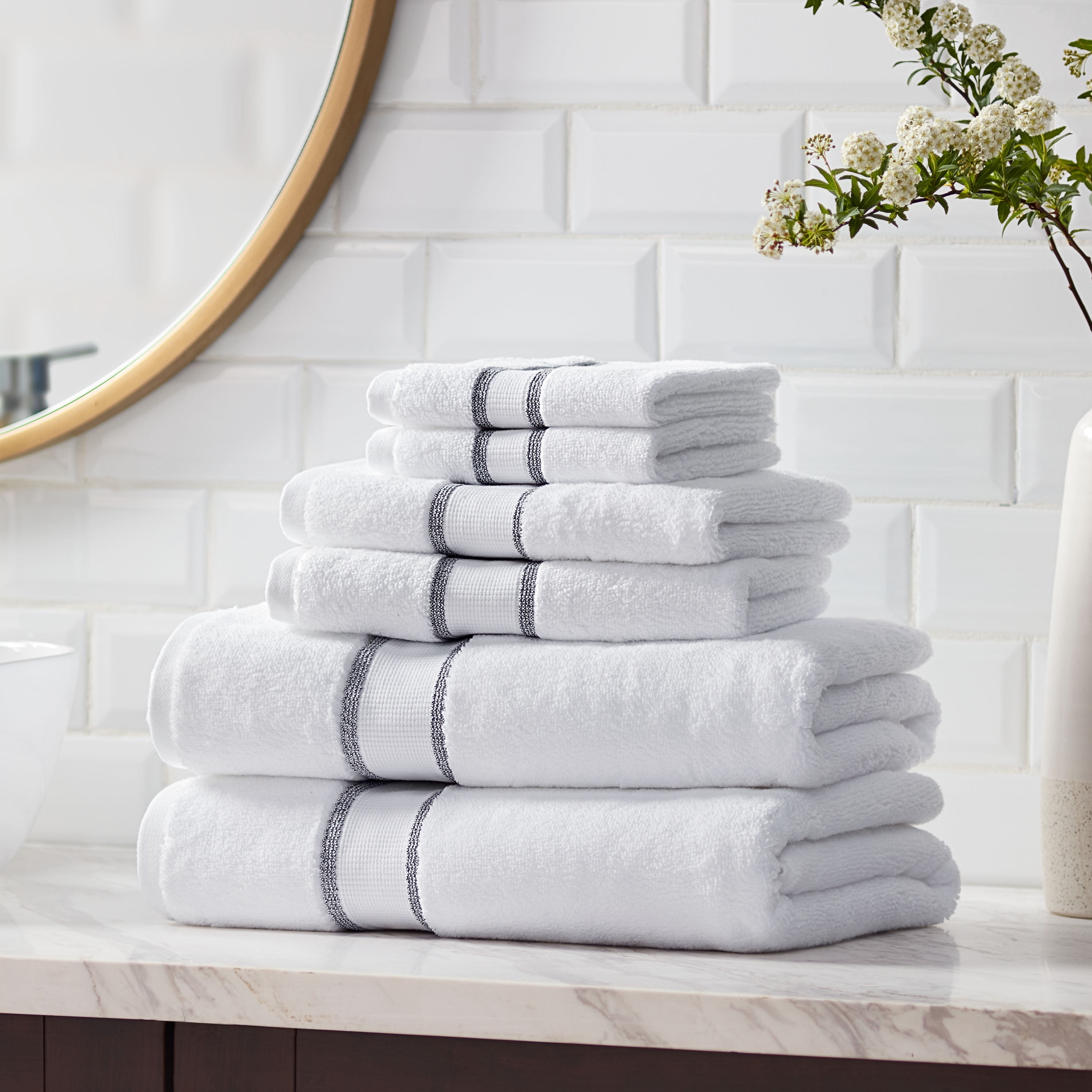 Hotel Style 6-Piece Egyptian Cotton Striped Bath Coordinate Towel Set, Charcoal Sky