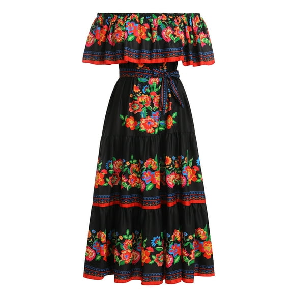 IBTOM CASTLE Women's Mexican Dress Floral Print Smocked Traditional Wear Off Shoulder Beach Holiday Party Long Maxi Dresses L Black