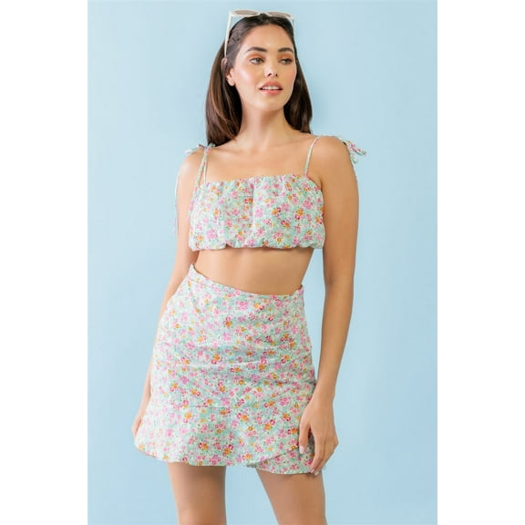 Mint Fuchsia Print Cotton Sleeveless Strappy Crop Top & High Waist Wrap Hem ... - S