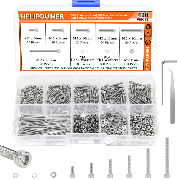 HELIFOUNER 420 Pieces M2 x 6mm /8mm /10mm /12mm /16mm /20mm, Hex Socket Head Cap Metric Screws Bolts Washers Nuts Kit, 304 Stainless Steel