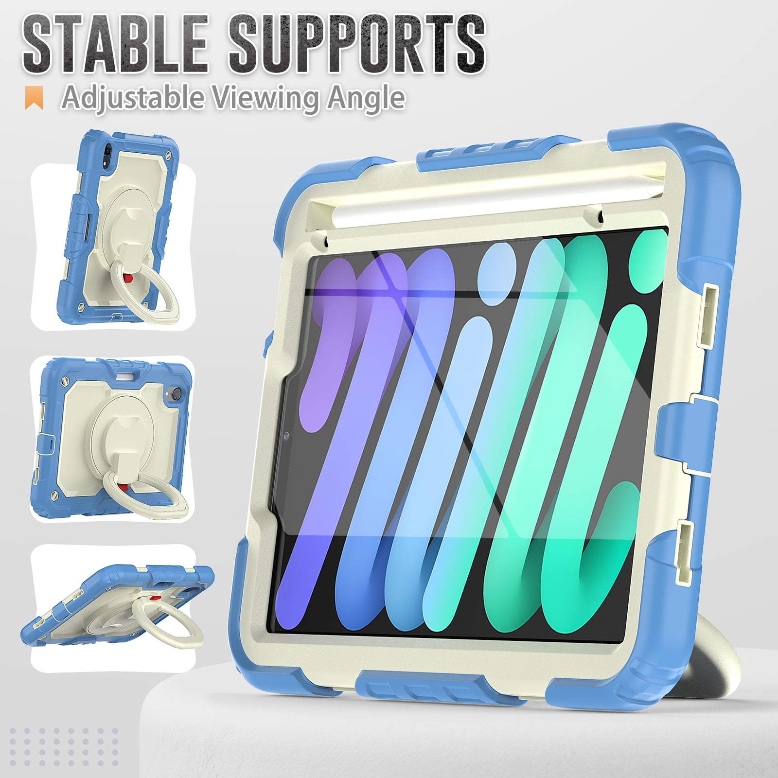 Allytechgroup Screen Protector Case for Apple iPad mini 7th Gen/ 6th Gen 8.3 Inch, Heavy Duty Protective Build-in Pencil Holder Handle Stand Rugged Bumper Case Kids Friendly for iPad mini 6 7, Blue