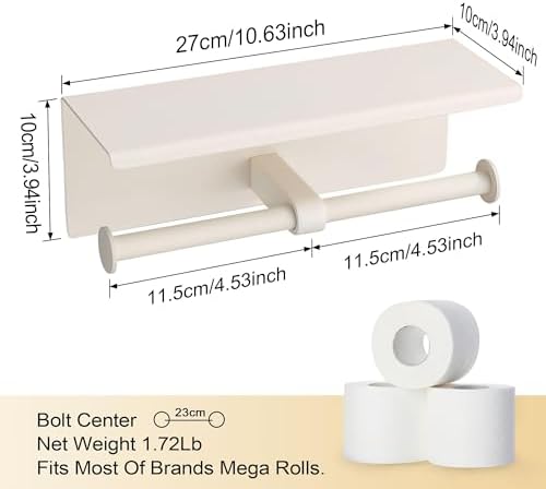 Double Toilet Paper Holder with Shelf White Stainless Steel 304 Wall Mount Double Toilet Roll Holder for Bathroom