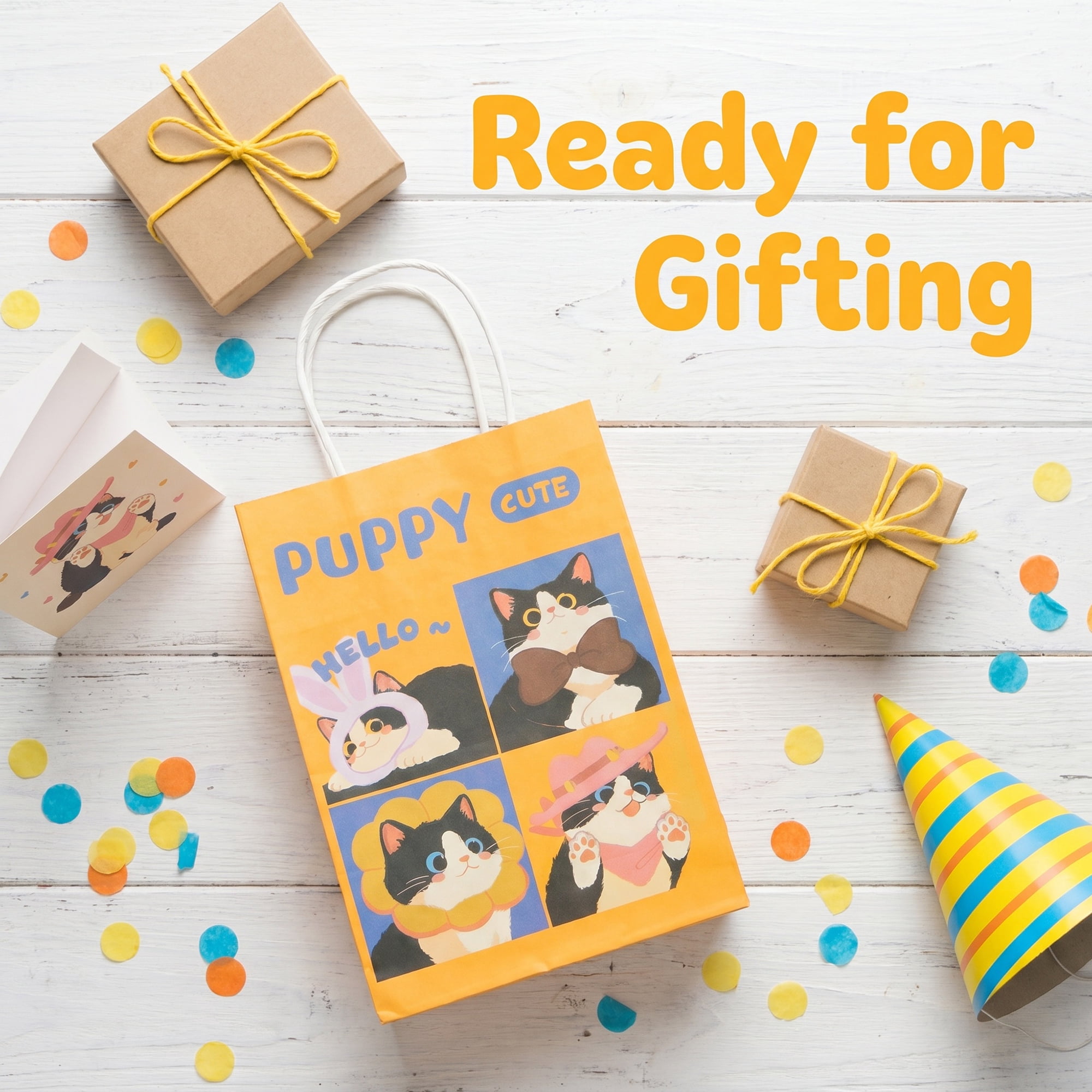 Unique Bargains Cartoon Gift Bags with Handles for Occasions Yellow Cat 5.9" x 3.1" x 8.3"
