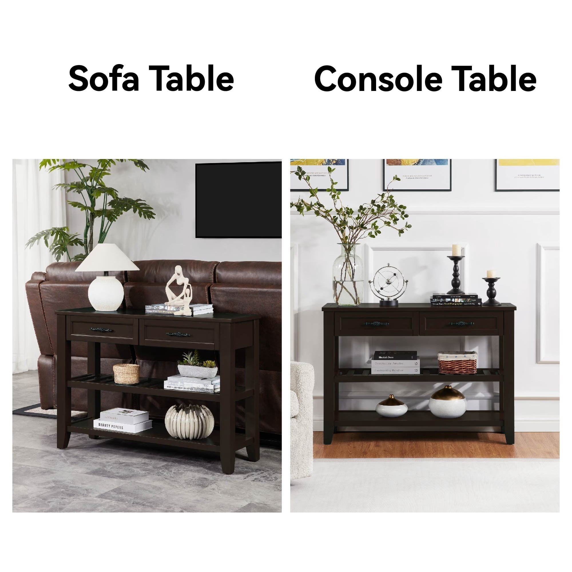 Retro Console Table with 2 Drawers & Open Shelves, Solid Pine Wood Entryway Table, Modern Accent Sofa Table for Living Room, Hallway, Bedroom, Light Coffee