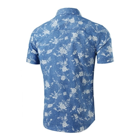 Men Short Sleeve Button Down Floral Print Cotton Shirt Blue White S (US ...