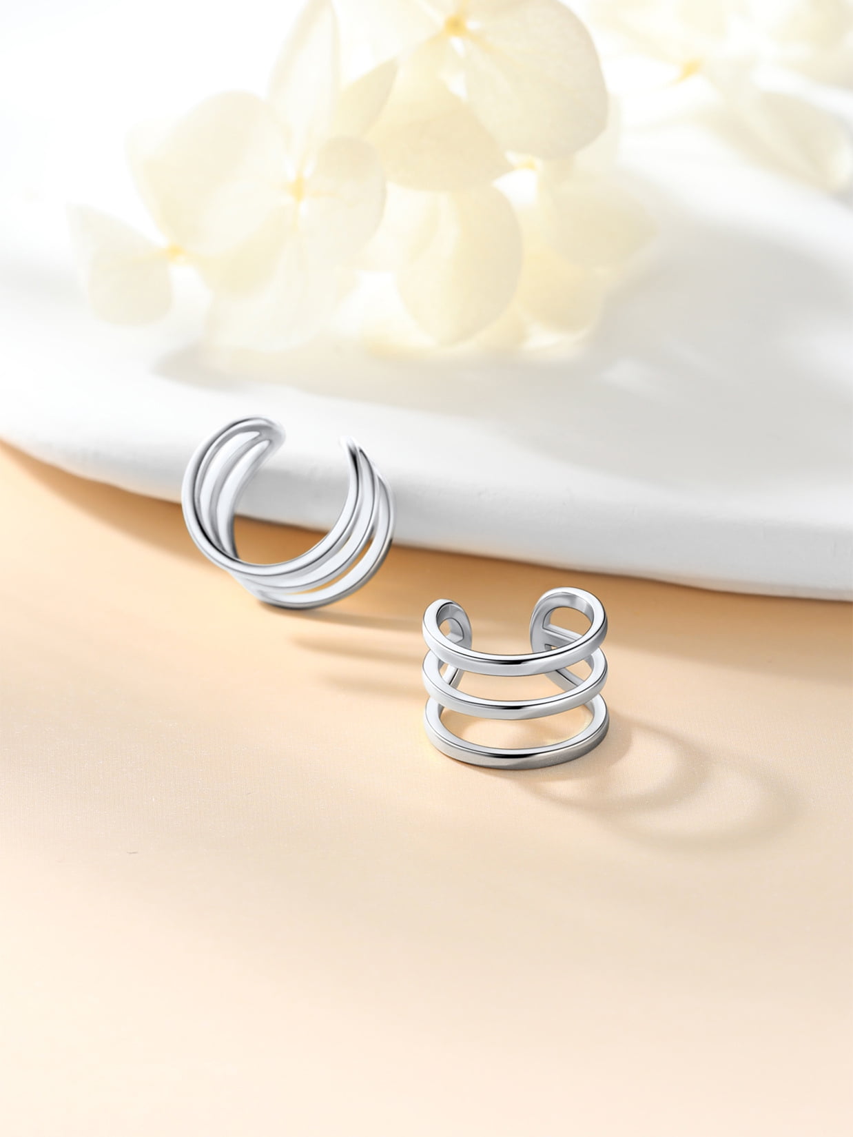 Suplight 925 Sterling Silver White Gold Plated Ear Cuffs Earrings, Three Layer Smooth-Surface Huggie Clip On Cartilage Earrings for Women