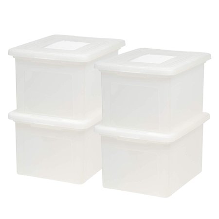IRIS USA Letter & Legal Size Plastic Storage Bin Tote Organizing File Box with Durable and Secure Latching Lid Stackable and Nestable 4 Pack Pearl