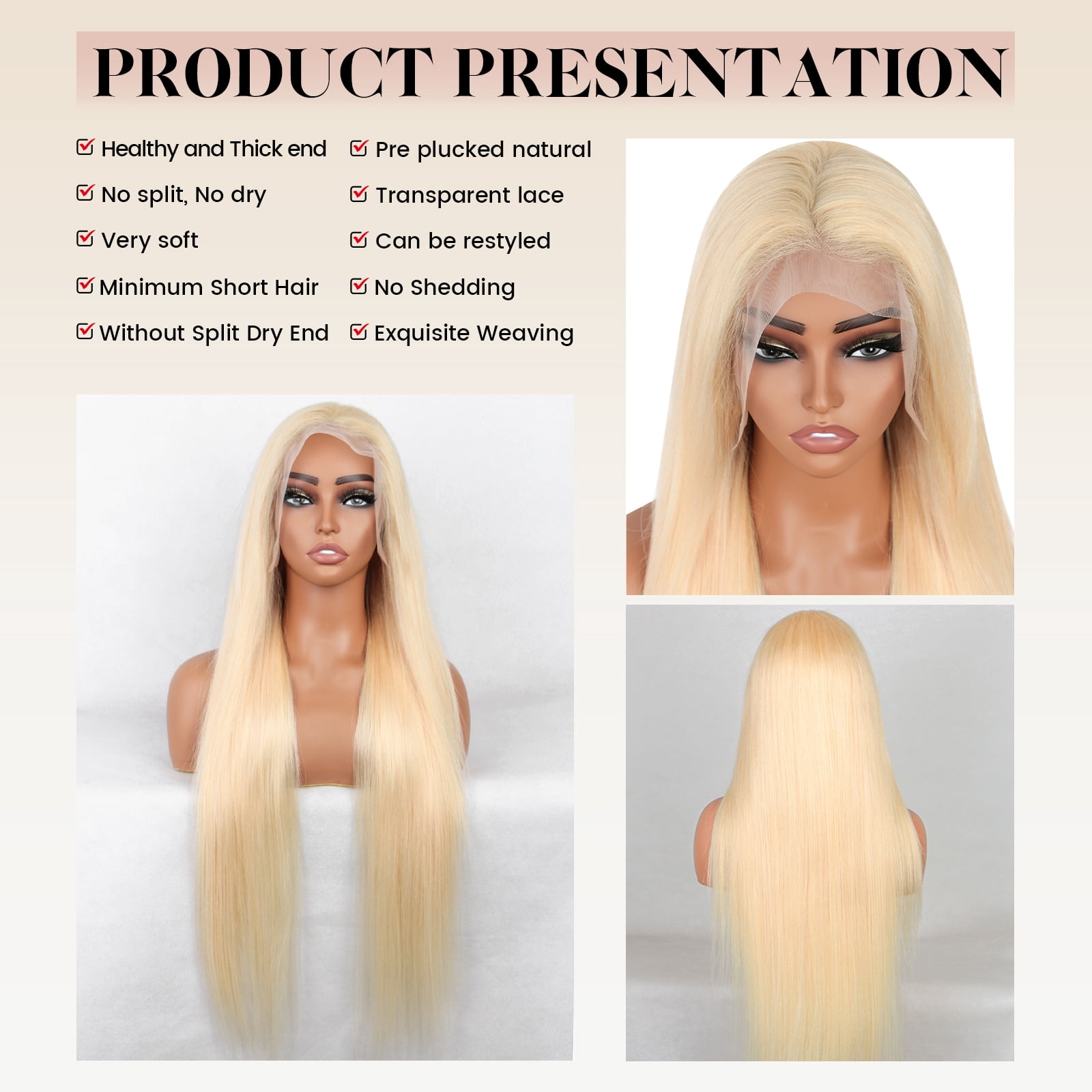 30" Straight 13x4 Blonde Lace Front Wigs Human Hair, 180% Density 613 HD Lace Frontal Wig Blonde