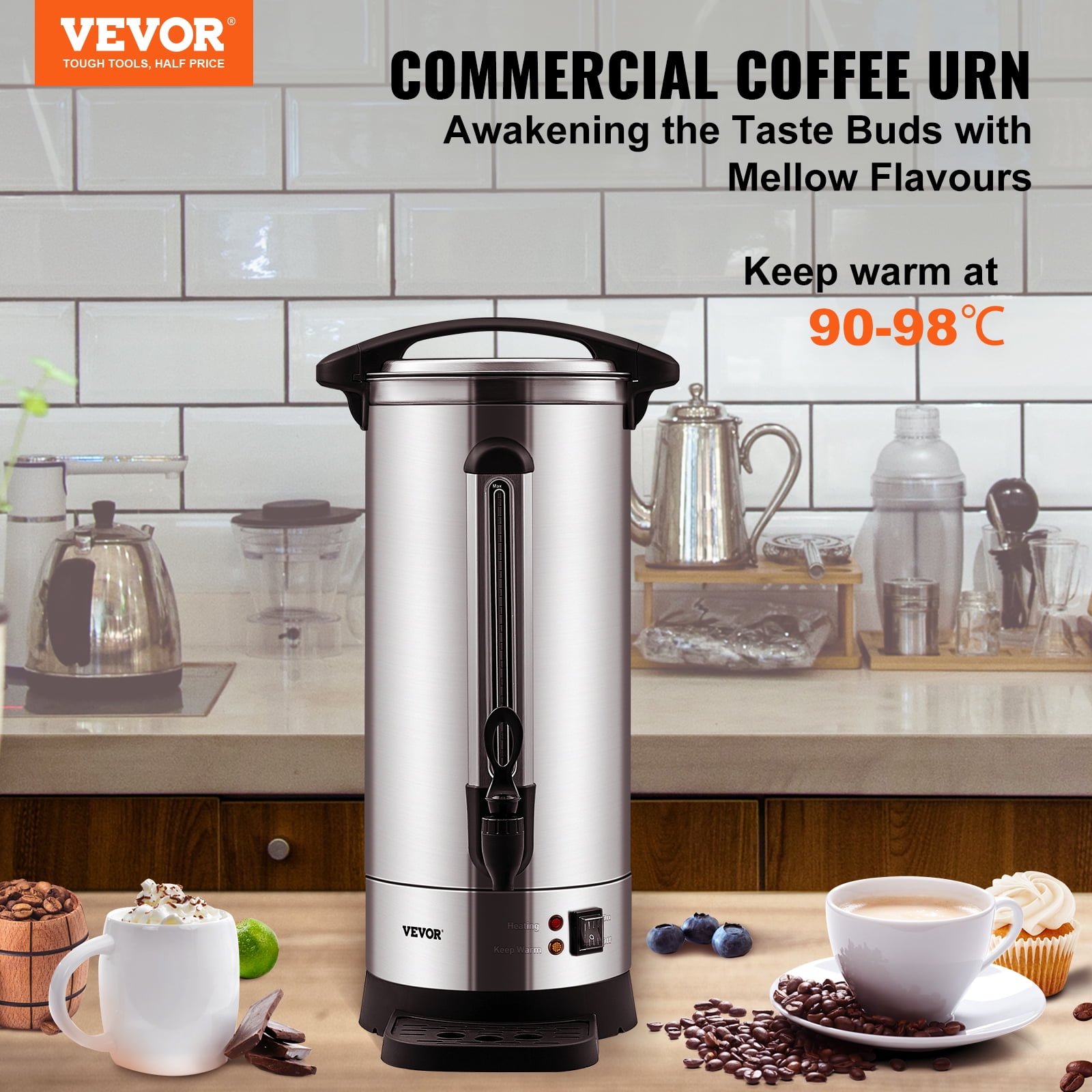 VEVOR Commercial Coffee Urn,110 Cups Stainless Steel Large Coffee Dispenser, 1500W 110V Electric Coffee Maker Urn For Quick Brewing,Hot Water Urn with Detachable Power Cord