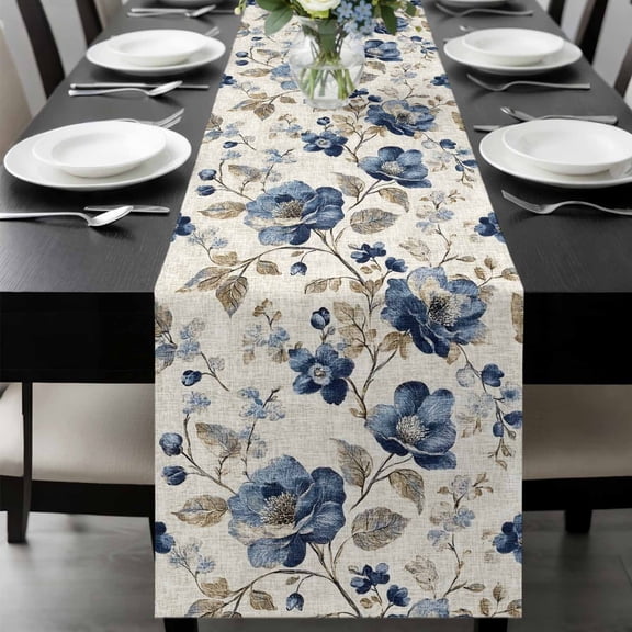 Blue Gray Spring Floral Table Runner 108 Inches Long, Vintage Botanical Kitchen Coffee Dining Table Decoration for Home Party Birthday Wedding Home Decor 13x108 Inches