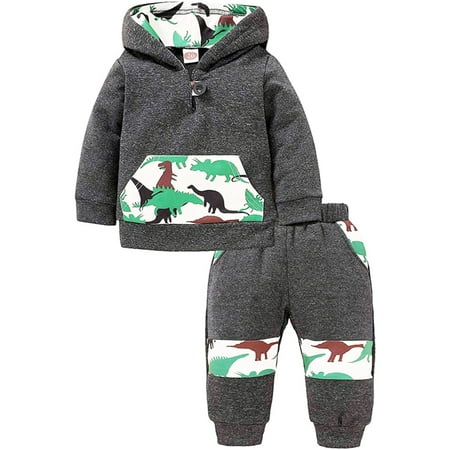 

Toddler Boys Winter Long Sleeve Green Dinosaur Prints Tops Pants 2PCS Outfits Clothes Set For Babys Clothes Hooded Size 0 Months-3 Years