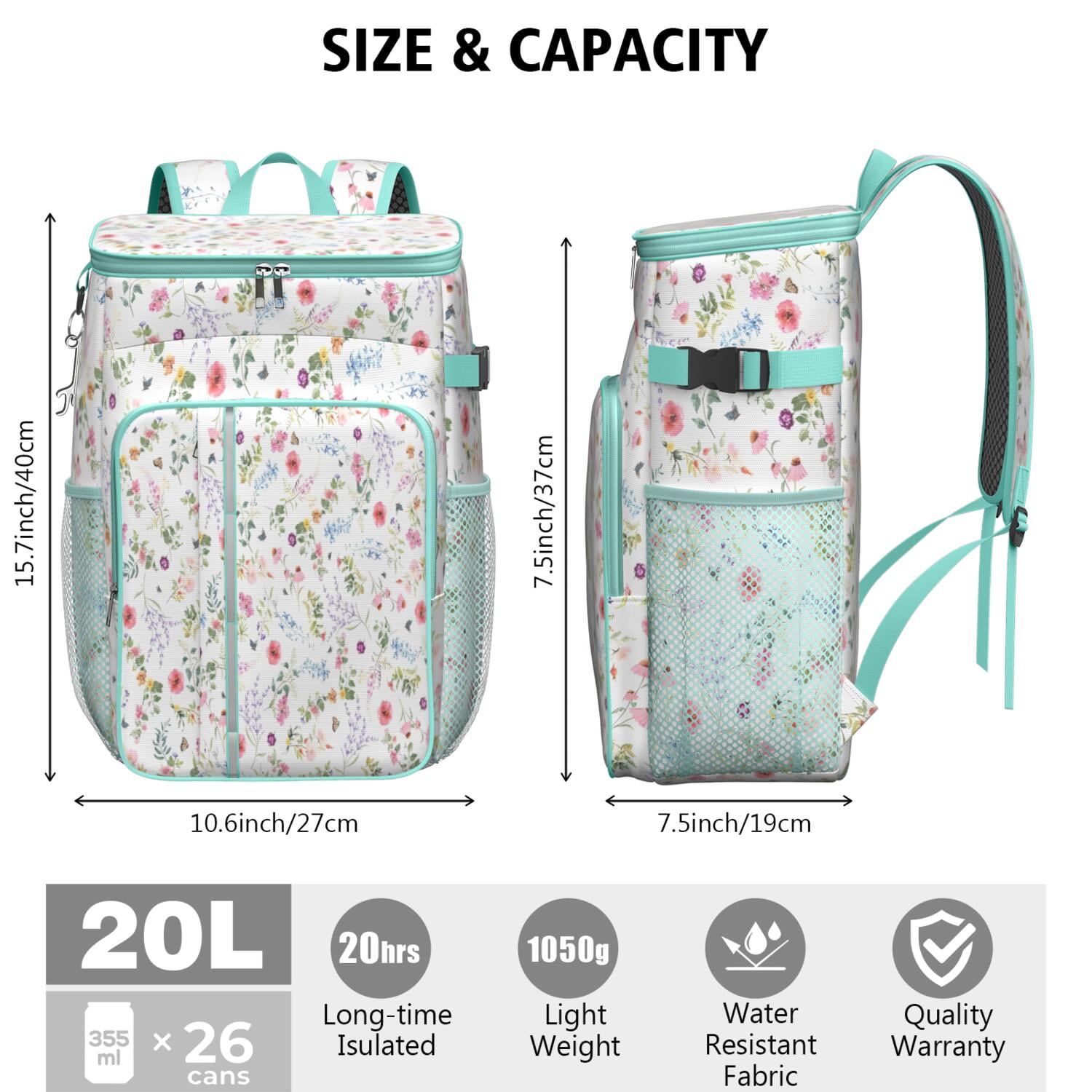 Travel Cooler Bag - Pioneer Flower Floral Print Pattern Camping Beer Cooler Backpack with Bottle Opener- Waterproof Insulated Picnic Backpacks - Cooler Bag for Beach