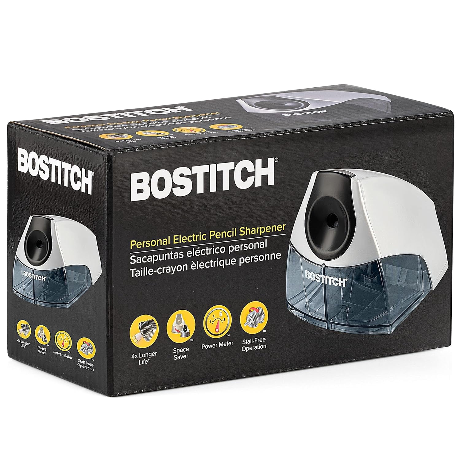Office Electric Pencil Sharpener for Classroom & Desk Use, Heavy-Duty Stall-Free Motor, High-Capacity Shavings Tray, Silver