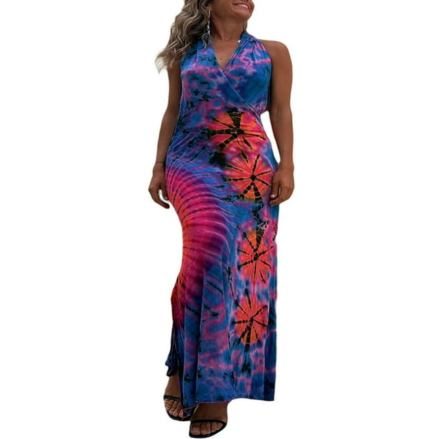 Ladies‘ Sleeveless Halter Neck Tie Dye Print Summer Party Dress