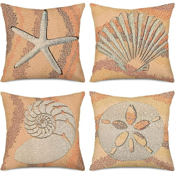 Nautical Coastal Throw Pillow Covers Set of 4 Ocean Theme Beach Starfish Seashell Conch Sand Dollars Linen Square Pillow Cases Outdoor Sofa Cushion Cover for Bed Living Room, 18" x 18"