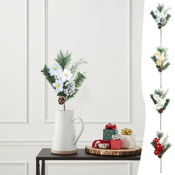Arreglo de flores artificiales de Navidad en rojo y blanco - Jarrón de plástico de 17,7" para decoración de mesa navideña