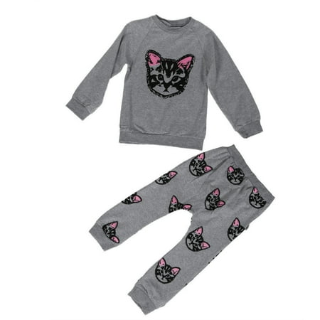 

Baby Kids Set Long Sleeve Cats Print Tracksuit +Pants Outfits Set 110