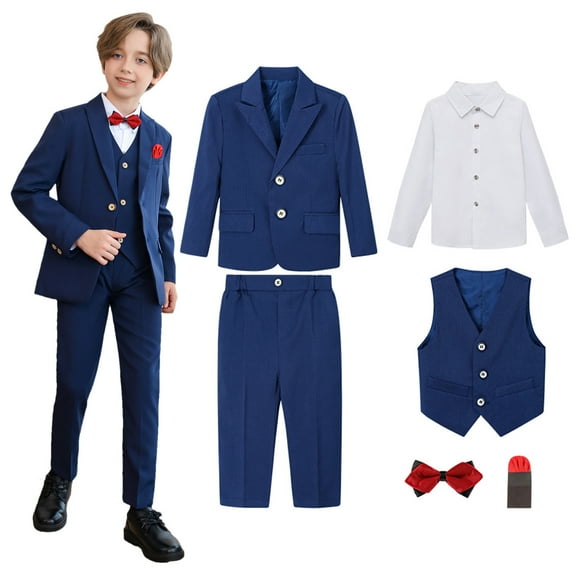 Delliss Boys' 6 Piece Trendy Cool Formal Suit Set, Coat, Vest, Pants, Collared Dress Shirt, Pocket Square And Bow Tie