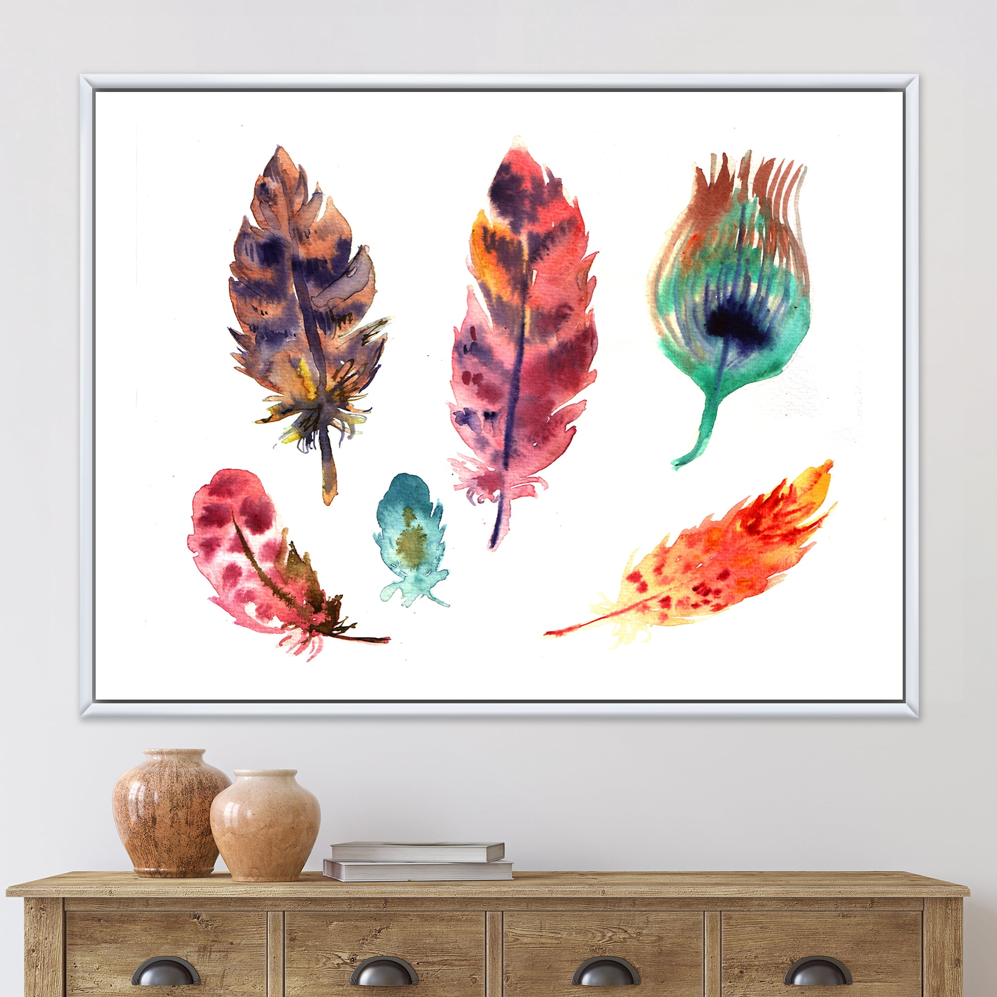 Designart 'Colourful Boho Art Feather Set II' Bohemian & Eclectic Framed Canvas Wall Art Print